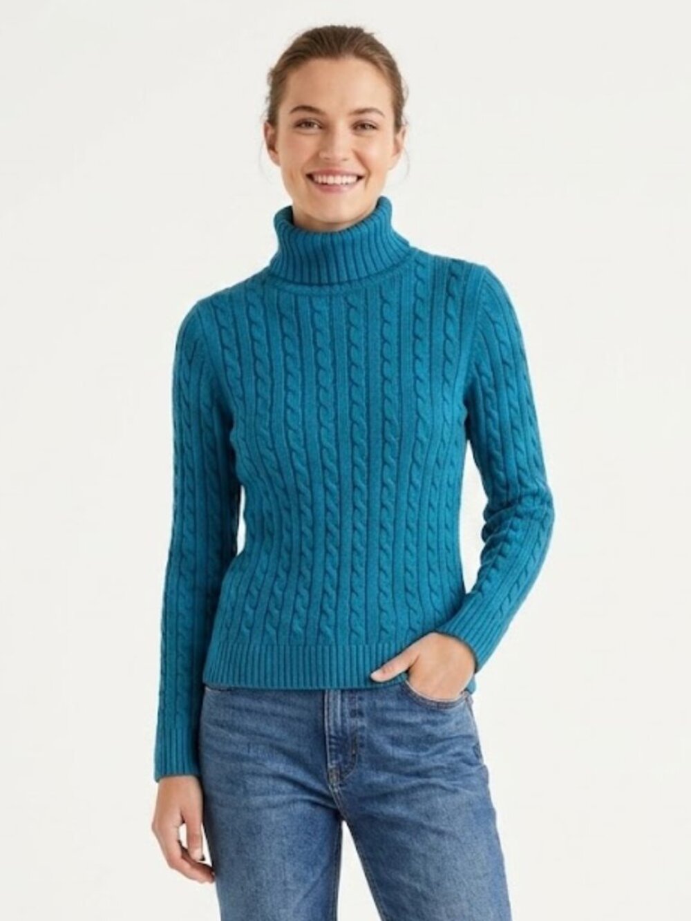 L.L.Bean Cable Knit Turtleneck Sweater Blue 100% Cotton Size M